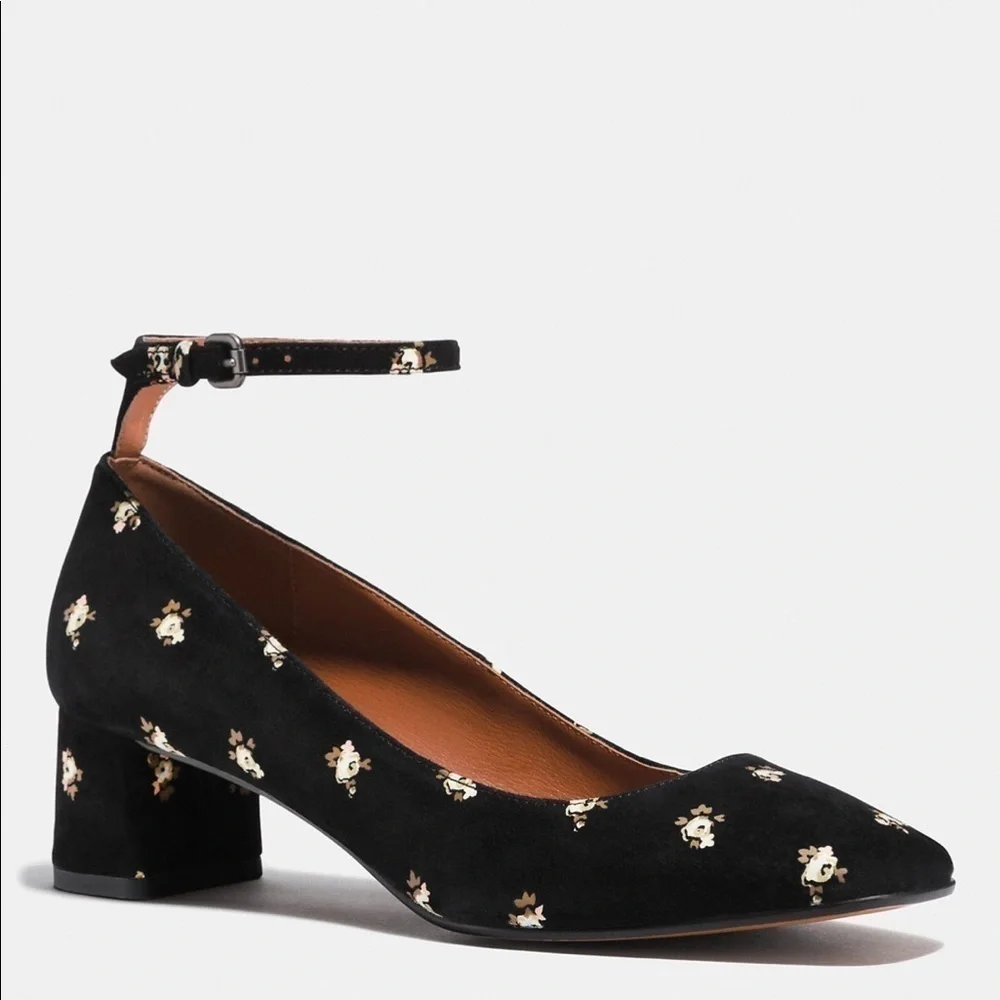 Coach shoes black Ankle Strap Pump Prairie floral chunky heel cottagecore chic - Picture 1 of 16